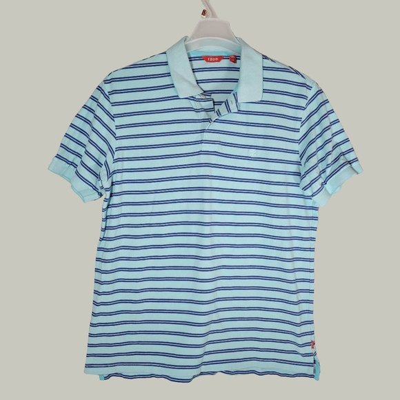 Izod Polo Shirt Mens Blue Striped Short Sleeve Size Large - Picture 1 of 3